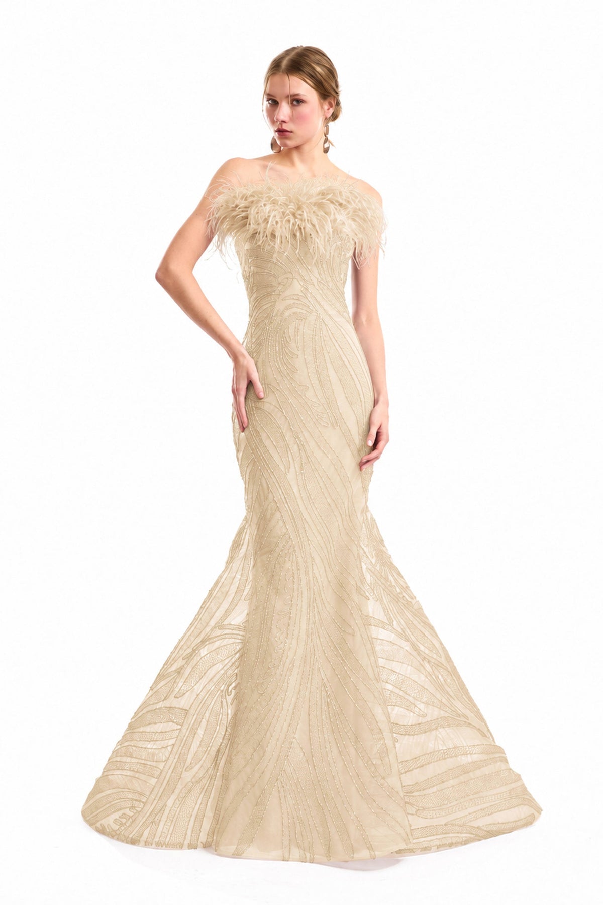 Off-Shoulder Feathered Mermaid Dress - Beige
