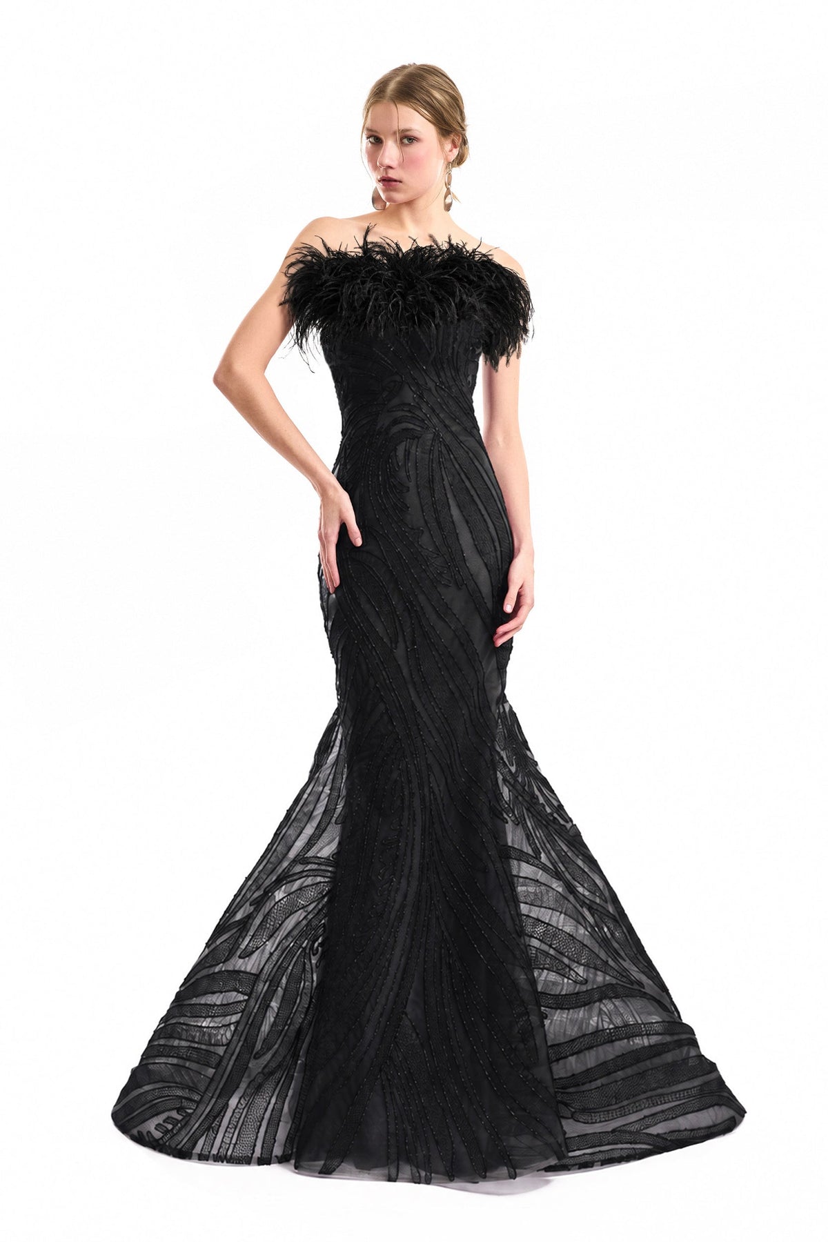 Off-Shoulder Feathered Mermaid Dress - Black