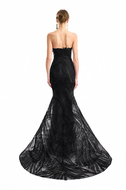 Off-Shoulder Feathered Mermaid Dress - Black