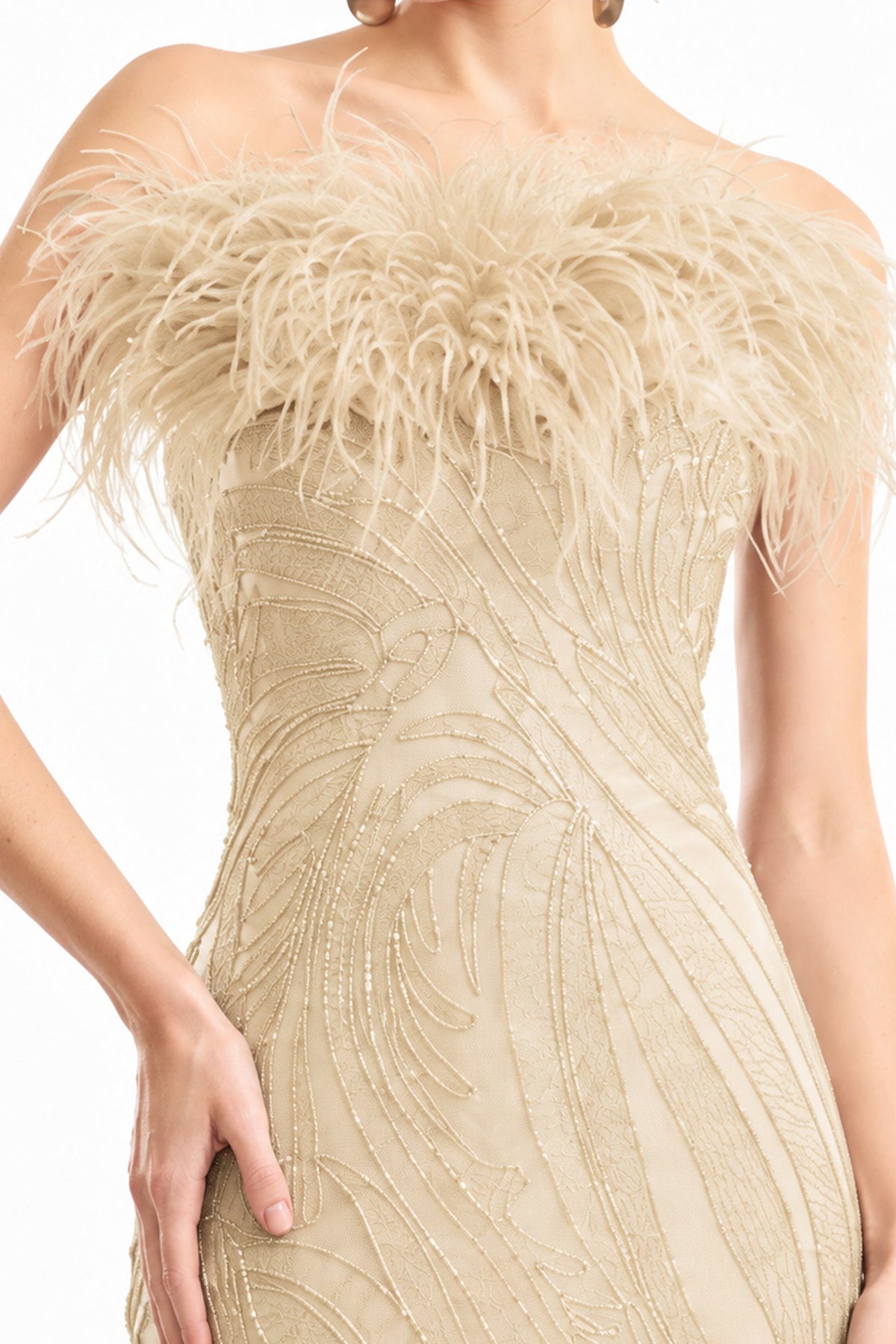 Off-Shoulder Feathered Mermaid Dress - Beige