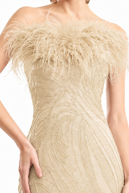 Off-Shoulder Feathered Mermaid Dress - Beige