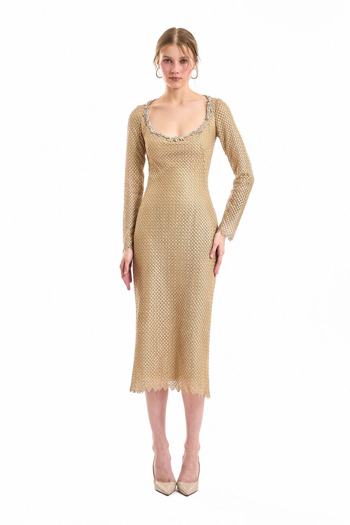 Beaded Scoop-Neck Midi Dress - Beige