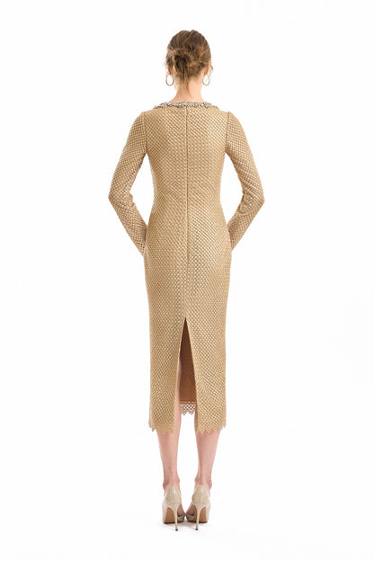 Beaded Scoop-Neck Midi Dress - Beige