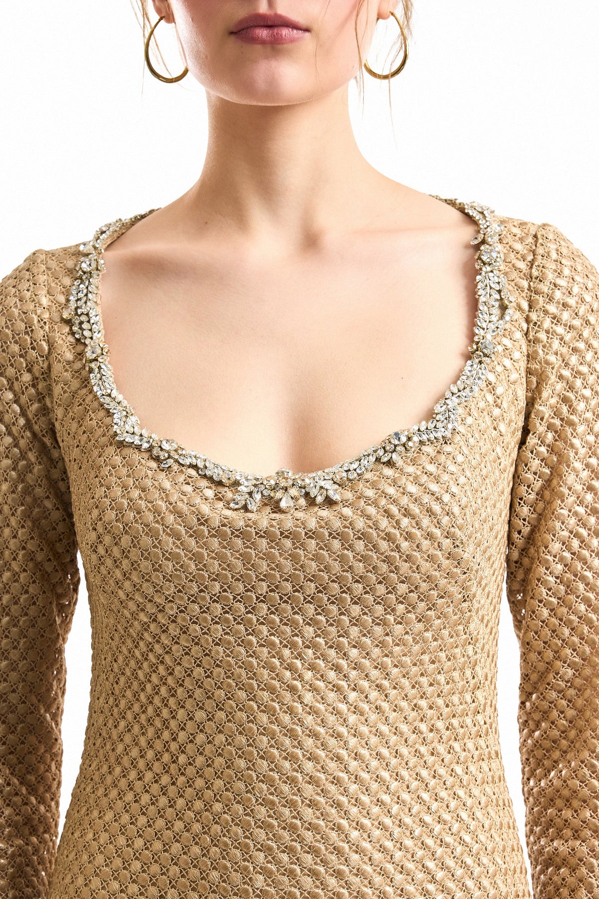 Beaded Scoop-Neck Midi Dress - Beige