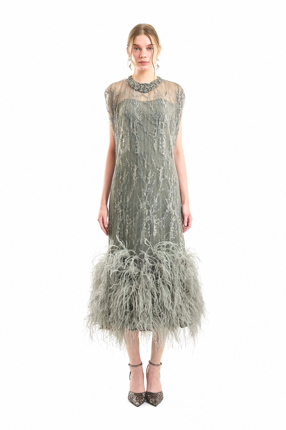 Feathered Hem Pleated Midi Dress - Gray