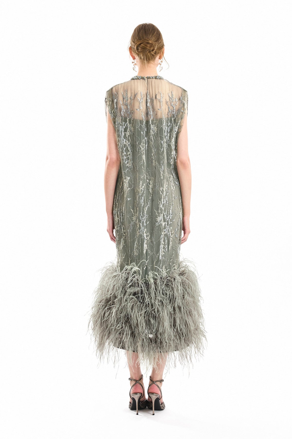 Feathered Hem Pleated Midi Dress - Gray