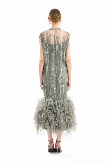 Feathered Hem Pleated Midi Dress - Gray