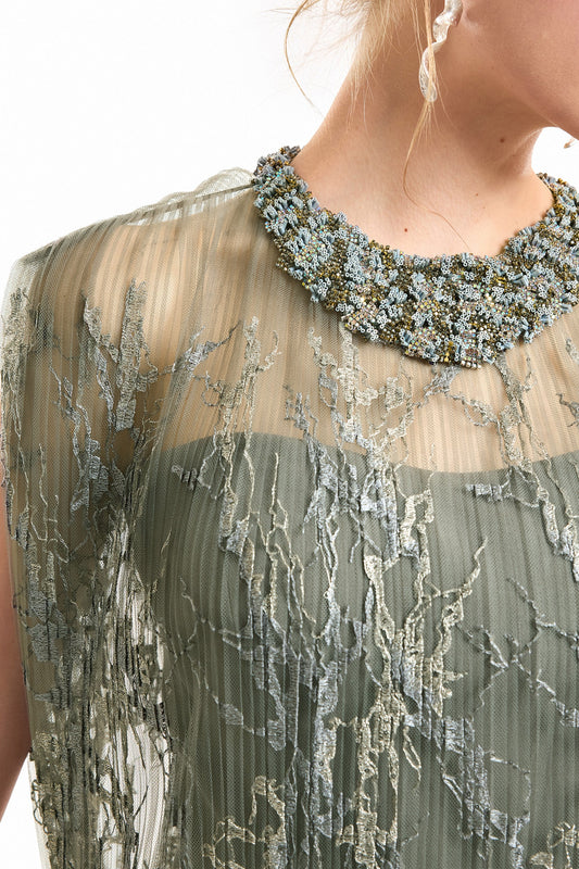 Feathered Hem Pleated Midi Dress - Gray