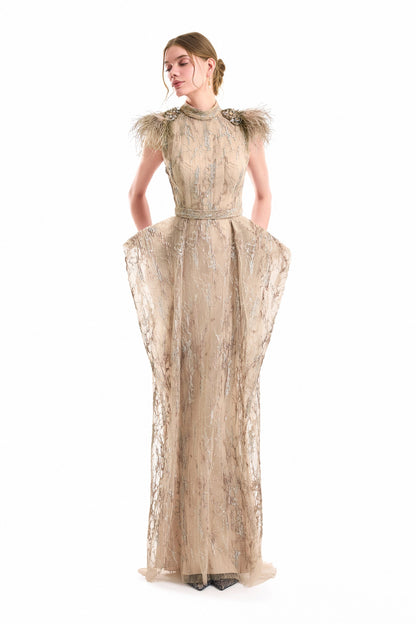 Feathered Shoulder Hip-Panel Dress - Beige
