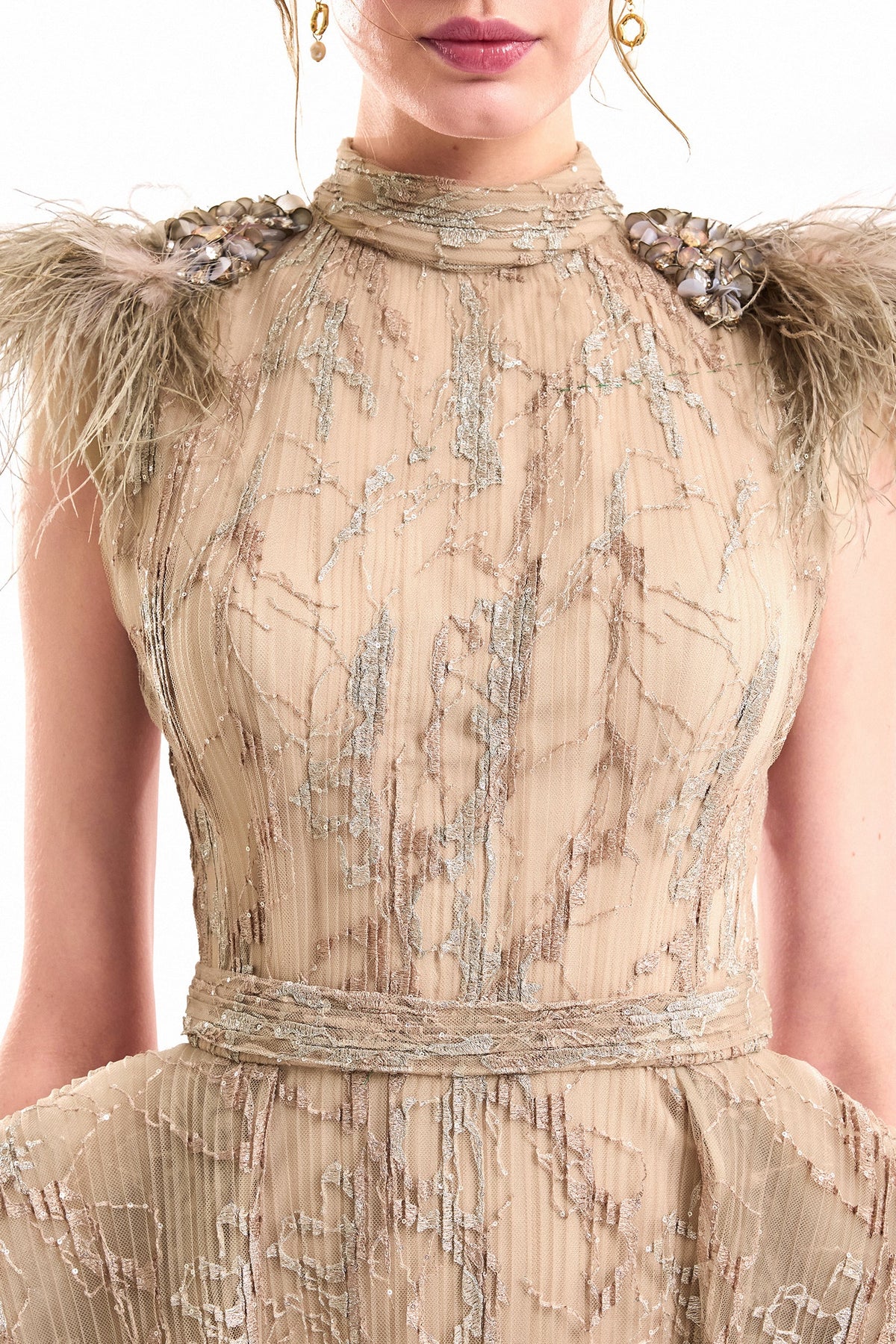 Feathered Shoulder Hip-Panel Dress - Beige