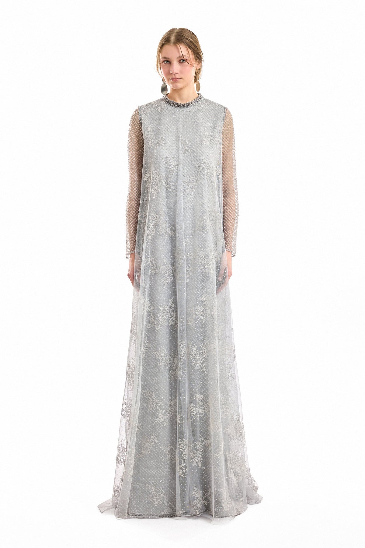 Embroidered Net Lace Dress - Gray