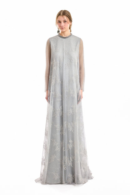 Embroidered Net Lace Dress - Gray
