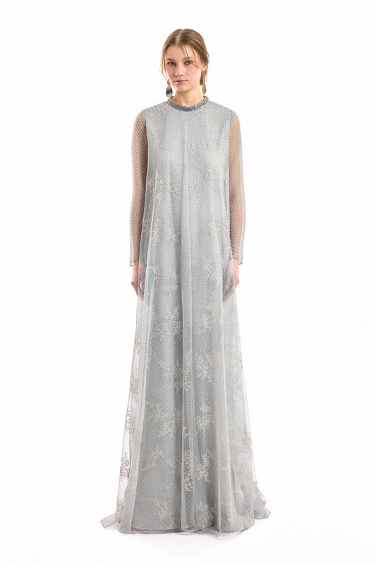Embroidered Net Lace Dress - Gray