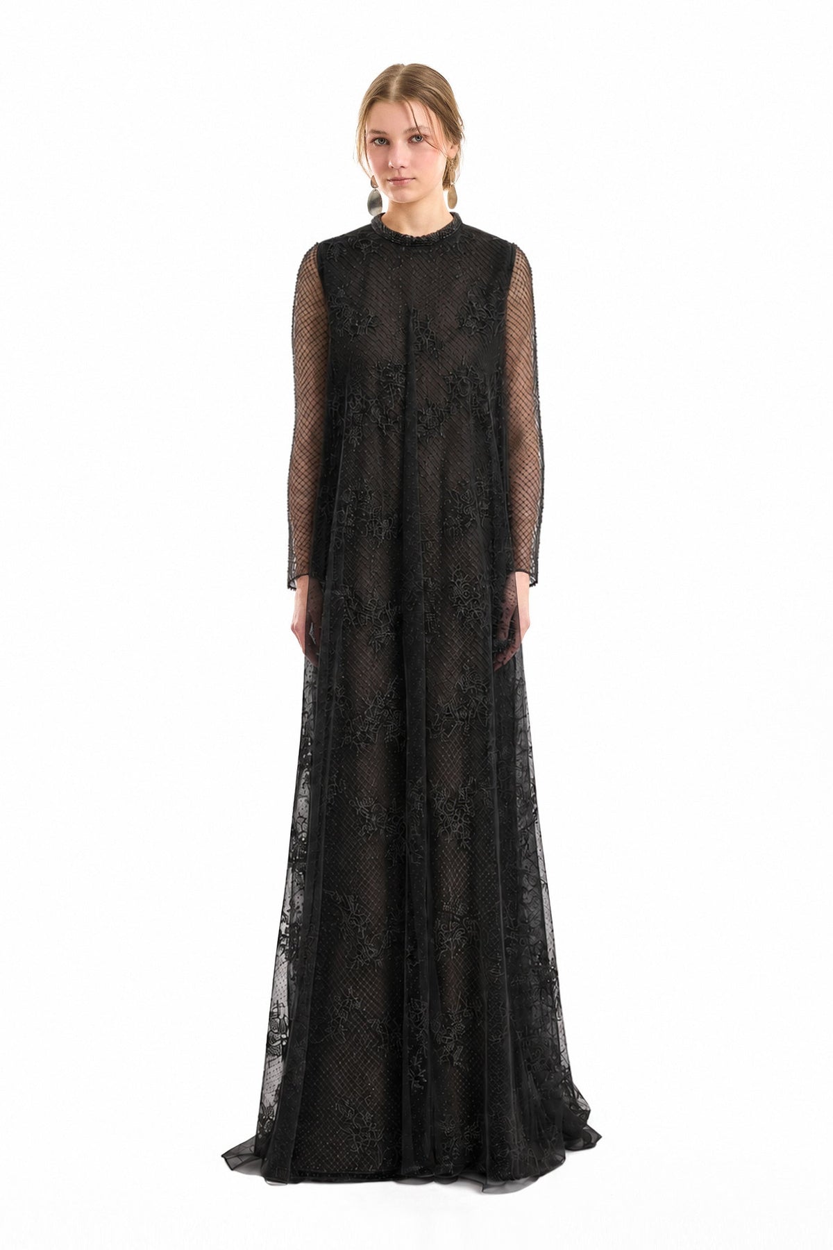 Embroidered Net Lace Dress - Black