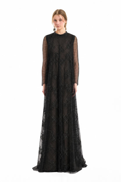 Embroidered Net Lace Dress - Black