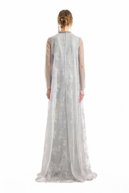 Embroidered Net Lace Dress - Gray