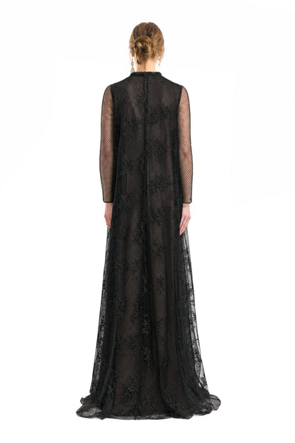 Embroidered Net Lace Dress - Black