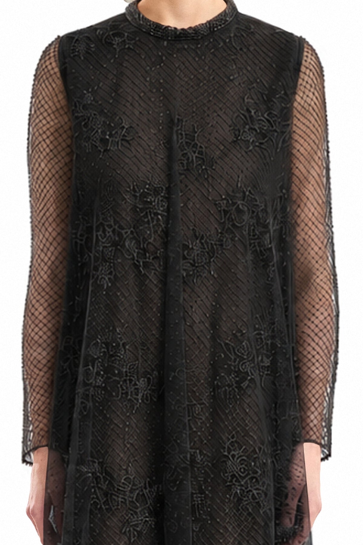Embroidered Net Lace Dress - Black