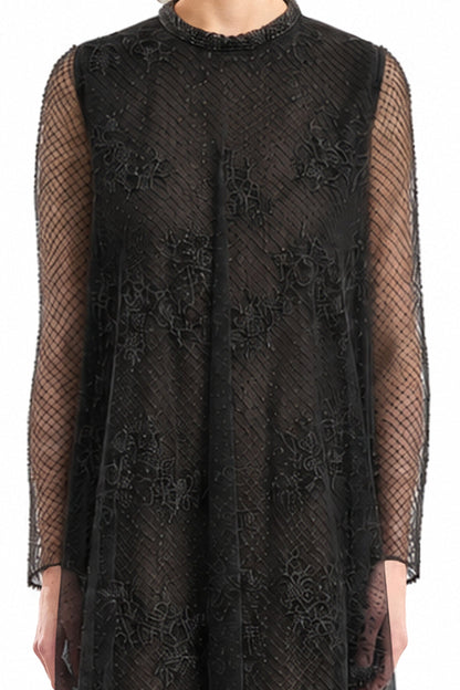 Embroidered Net Lace Dress - Black
