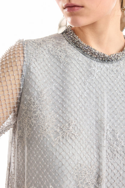 Embroidered Net Lace Dress - Gray