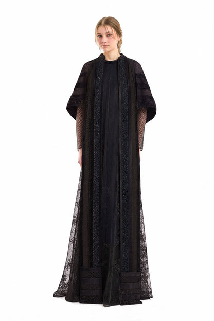 Embroidered Net Lace Dress with Beaded Cape - Black