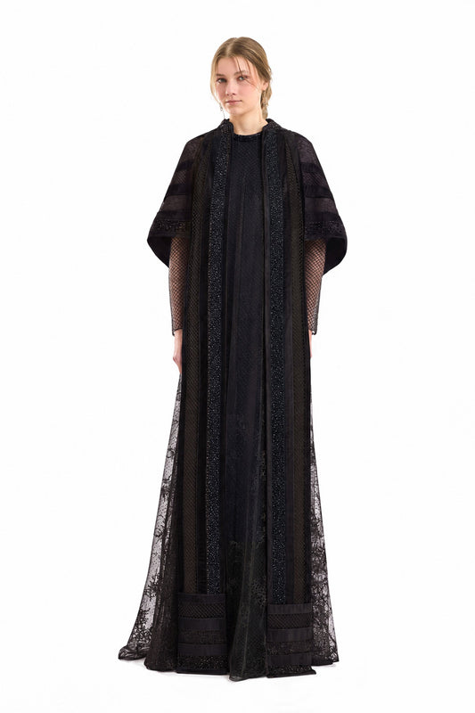 Embroidered Net Lace Dress with Beaded Cape - Black