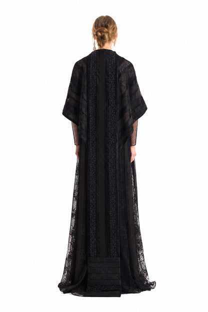 Embroidered Net Lace Dress with Beaded Cape - Black