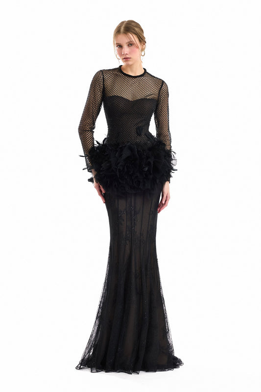 Feathered Hip Lace Dress - Black