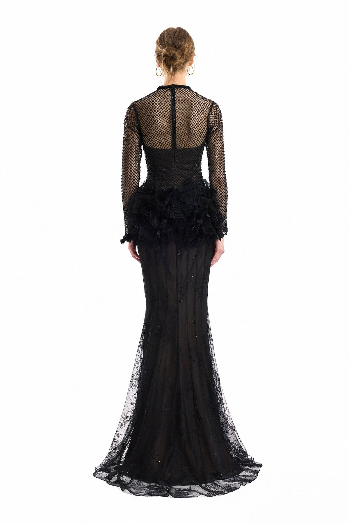 Feathered Hip Lace Dress - Black