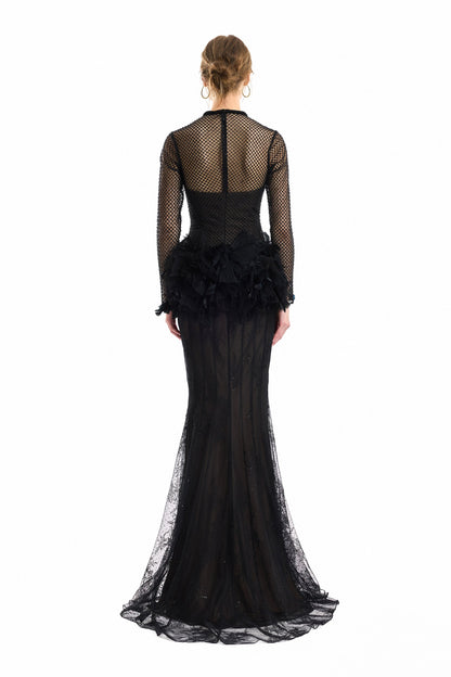 Feathered Hip Lace Dress - Black