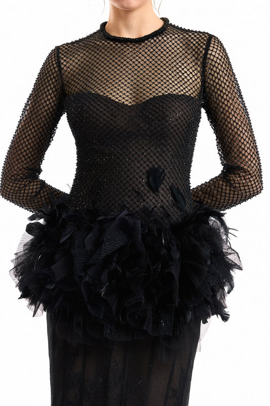 Feathered Hip Lace Dress - Black