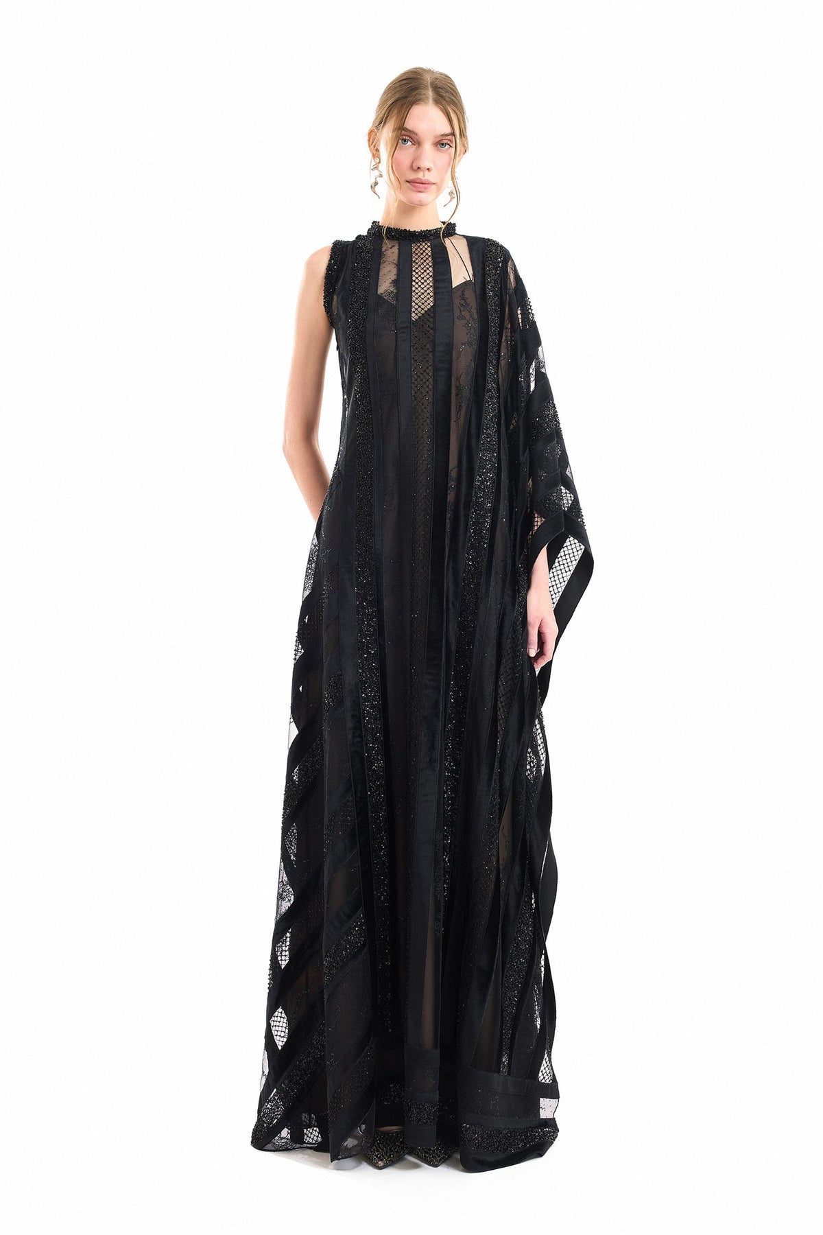 Asymmetrical One-Sleeve Beaded Dress - Black