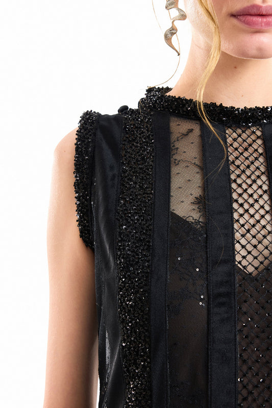 Asymmetrical One-Sleeve Beaded Dress - Black