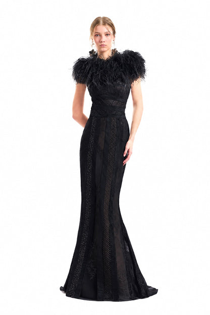 Embroidered Panel Dress with Feathered Bolero - Black