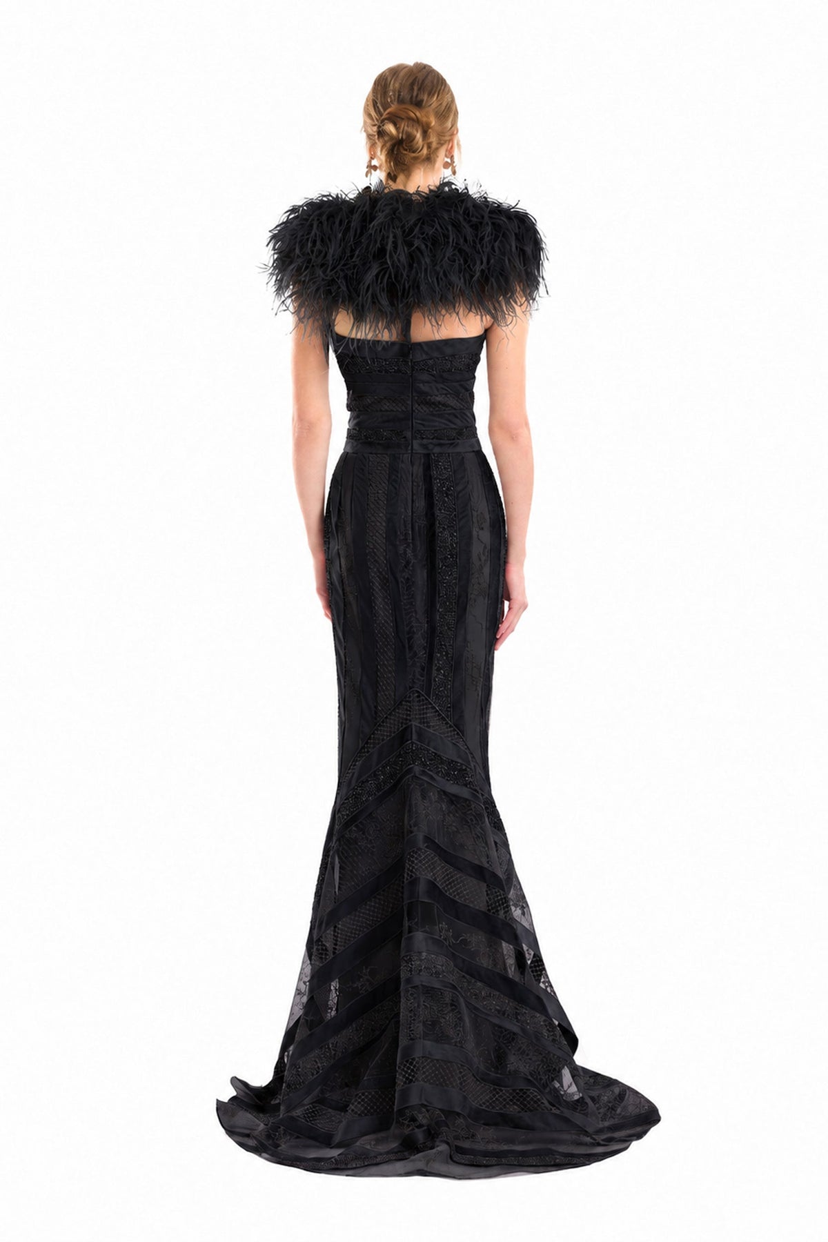 Embroidered Panel Dress with Feathered Bolero - Black