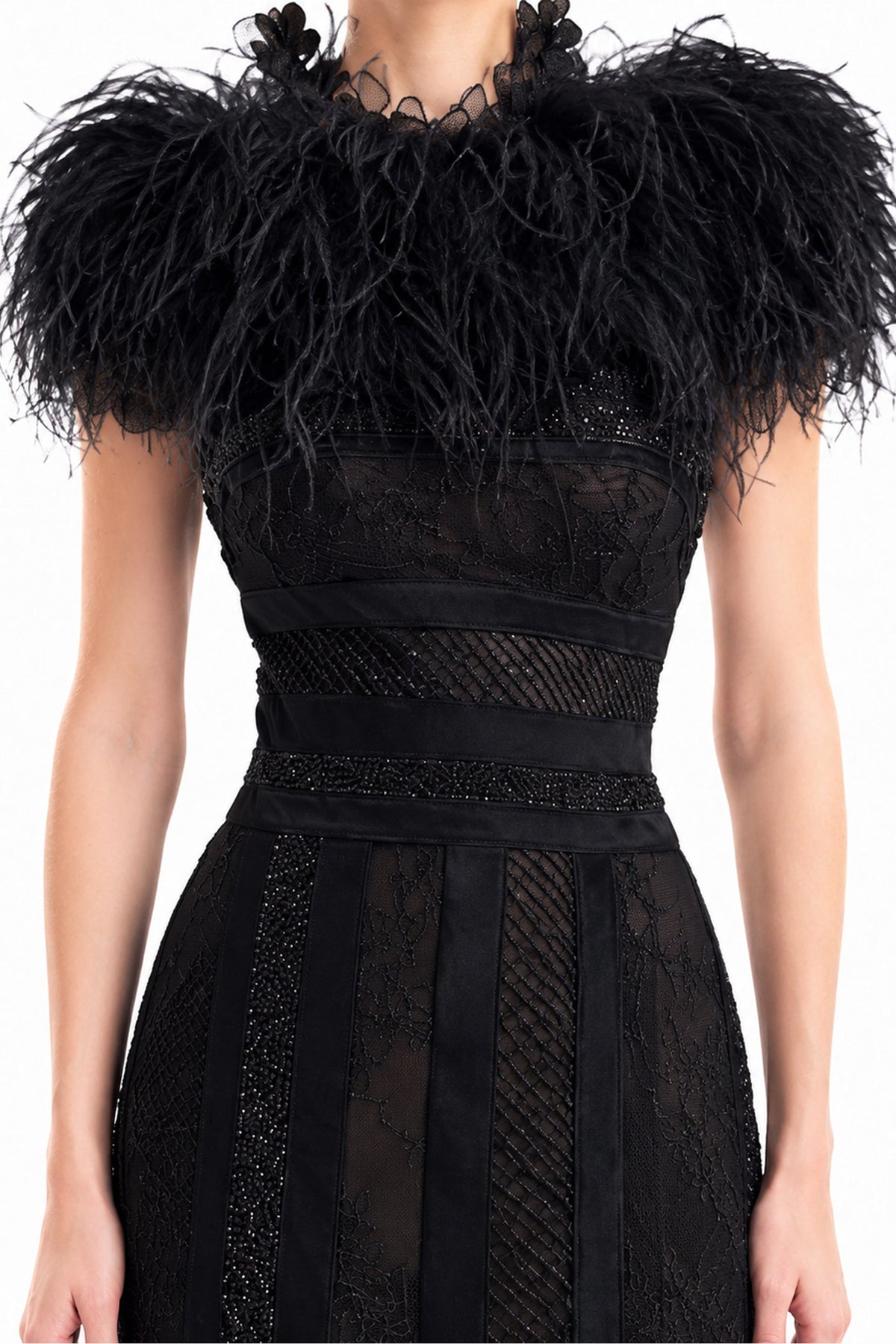 Embroidered Panel Dress with Feathered Bolero - Black