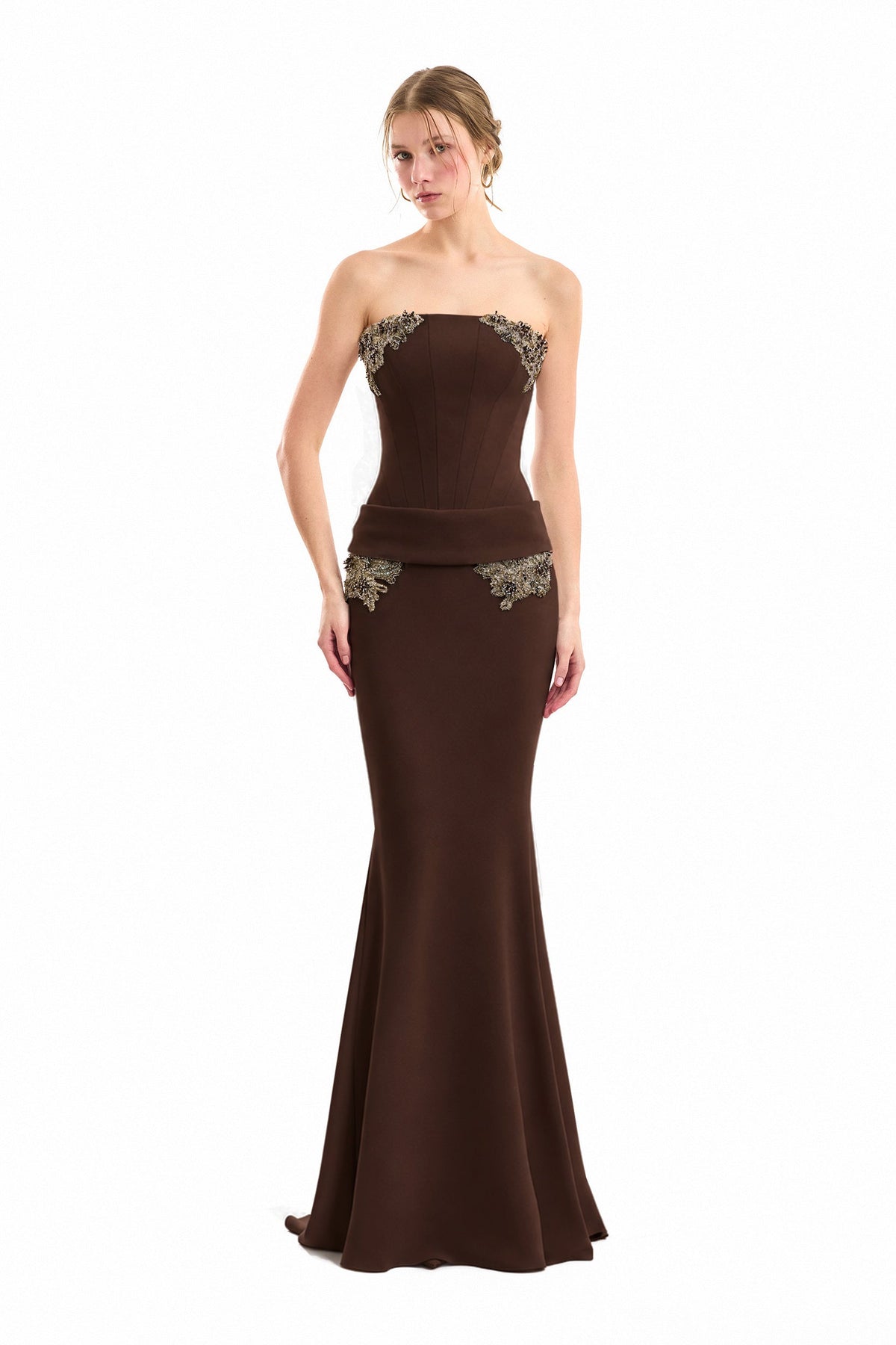 Strapless Beaded Dress - Brown