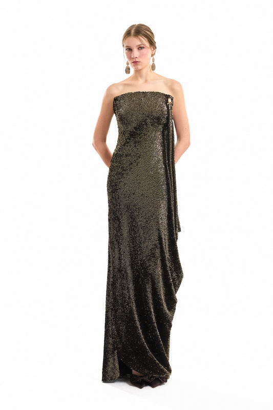 Sequined Crystal Neckline Dress - Green