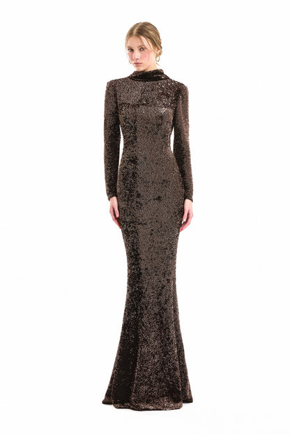 Beaded Open-Back Slim Dress - Brown