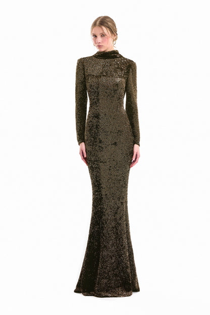Beaded Open-Back Slim Dress - Green