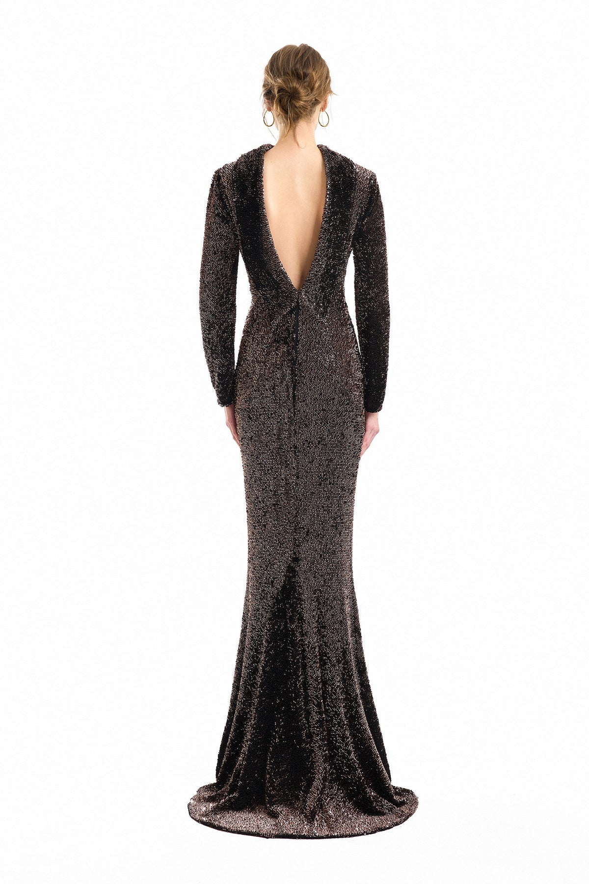 Beaded Open-Back Slim Dress - Brown