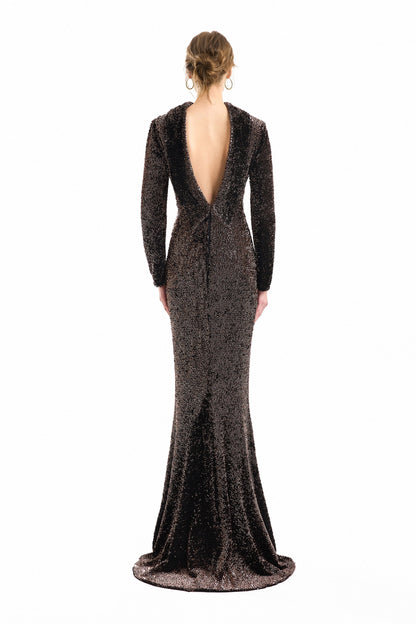 Beaded Open-Back Slim Dress - Brown
