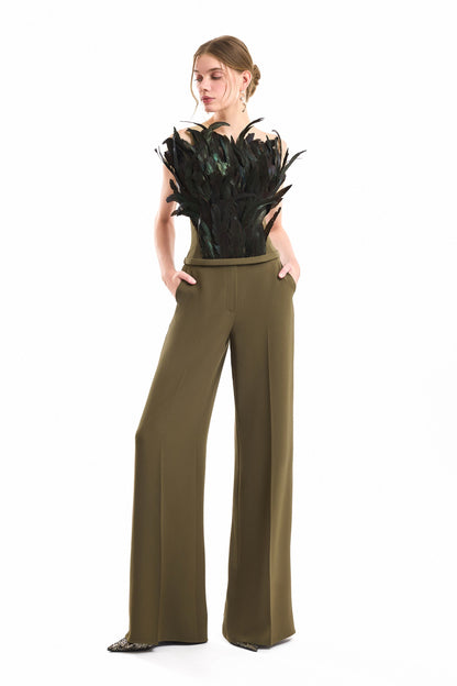 Feathered Corset Top and Trouser Set - Green