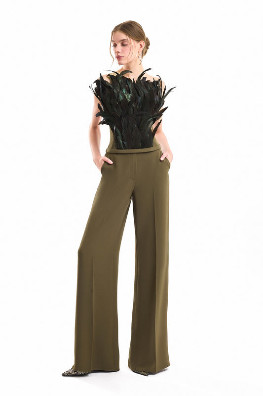 Feathered Corset Top and Trouser Set - Green