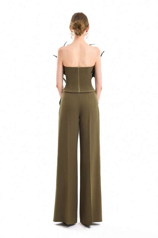 Feathered Corset Top and Trouser Set - Green