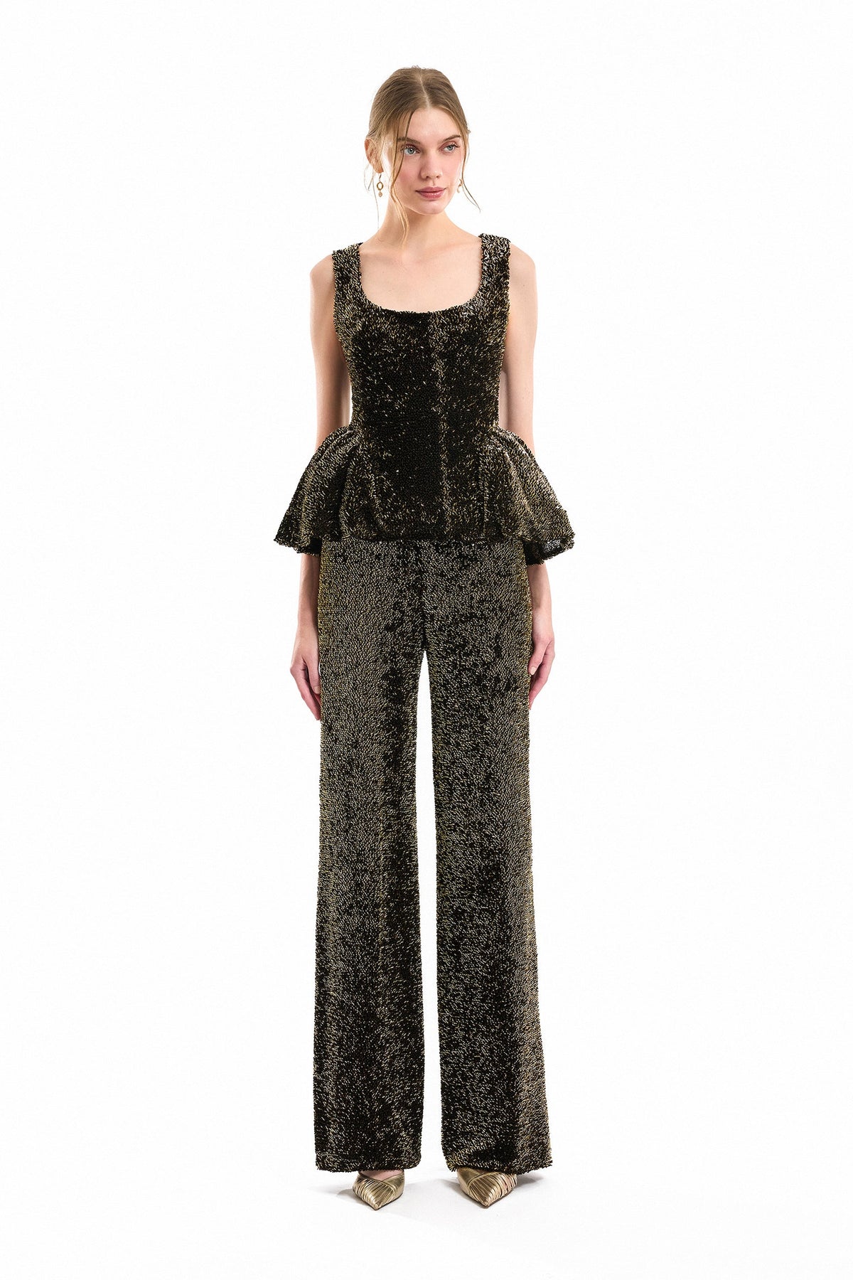 Square-Neck Peplum Top and Trouser Set - Green