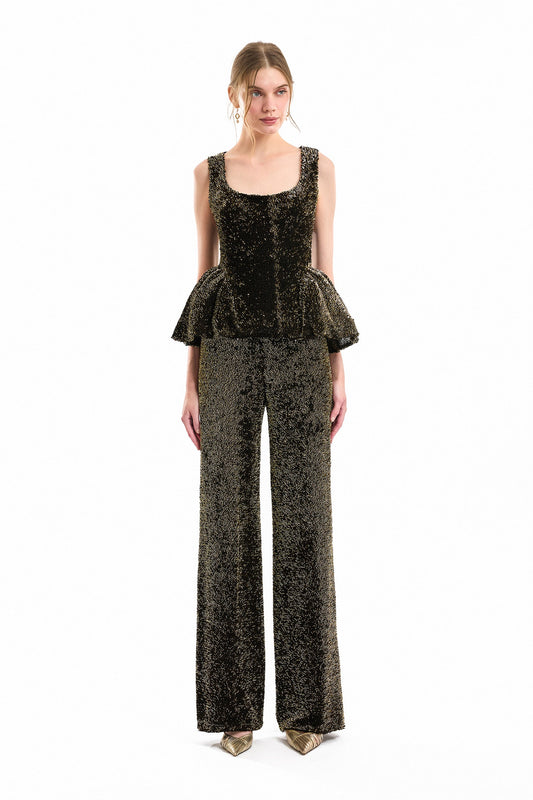 Square-Neck Peplum Top and Trouser Set - Green