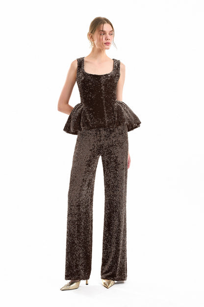 Square-Neck Peplum Top and Trouser Set - Brown