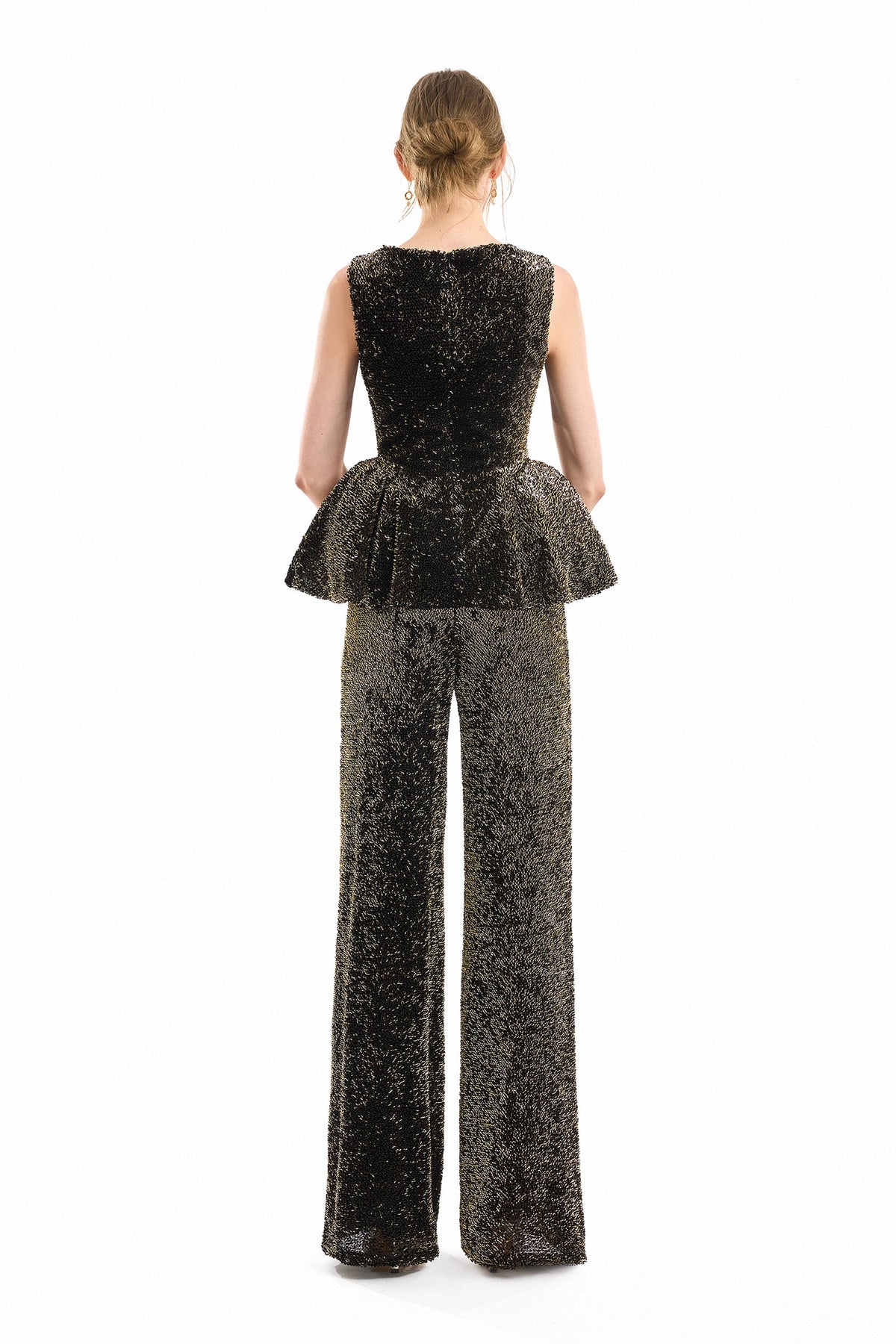 Square-Neck Peplum Top and Trouser Set - Green