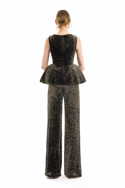 Square-Neck Peplum Top and Trouser Set - Green